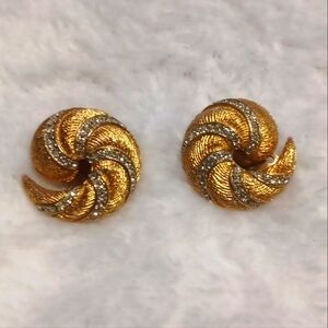Vintage 1960's Brushed Gold Plated,swirl Rhinestone Clip On Earrings